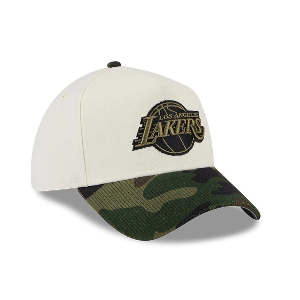 Pictured is this NBA Camo Visor LA Lakers 39THIRTY A-Frame Stretch Fit cap in Cream. 4