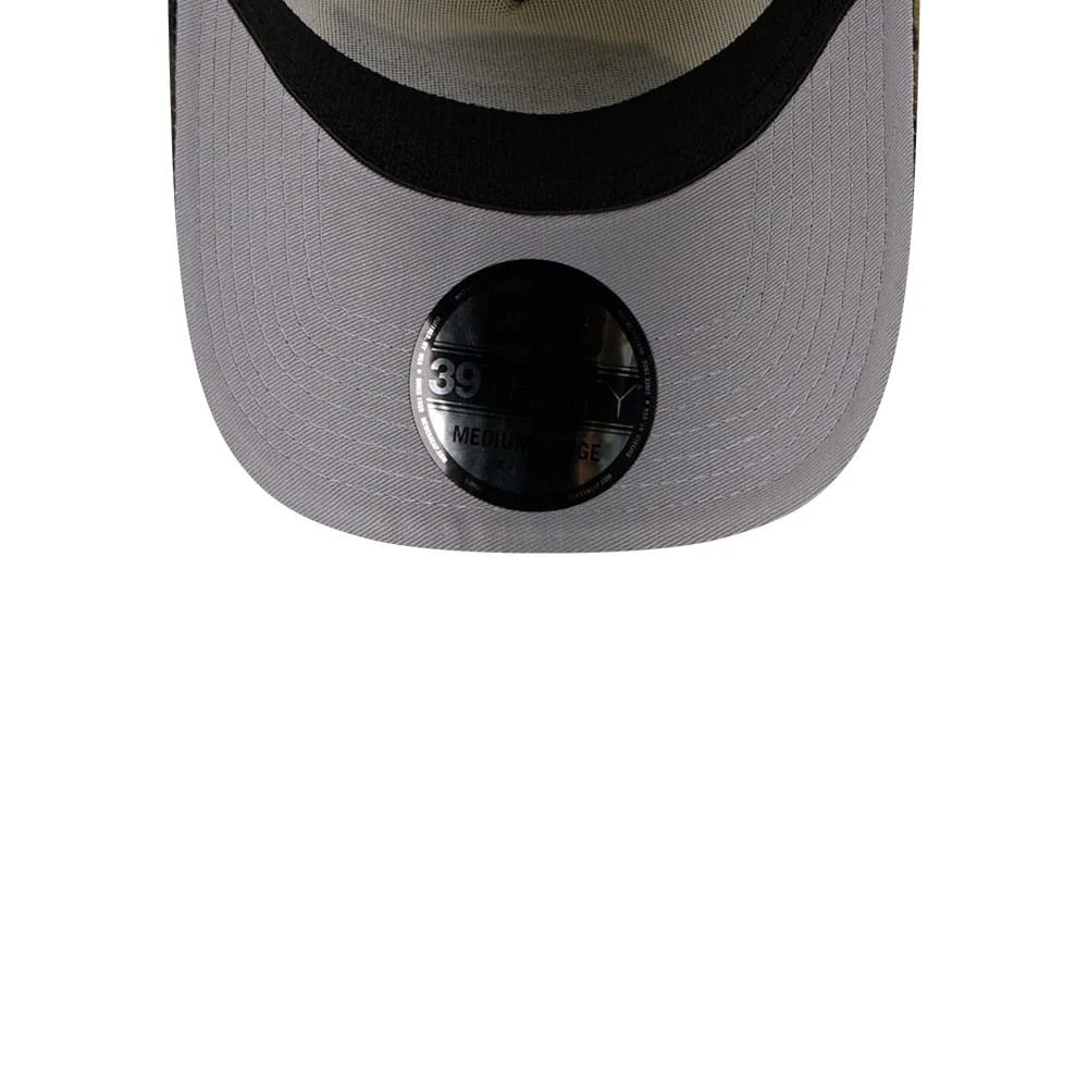 Pictured is this NBA Camo Visor LA Lakers 39THIRTY A-Frame Stretch Fit cap in Cream. 2