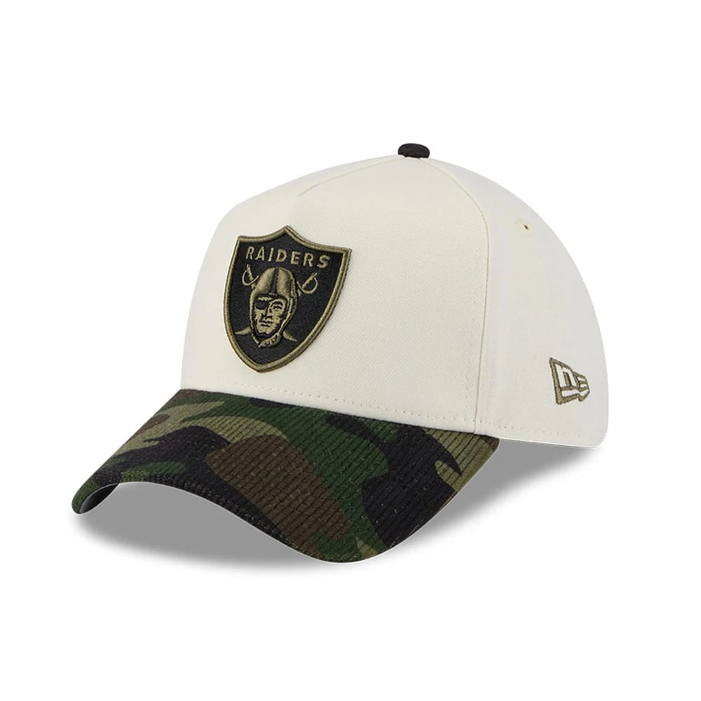 Pictured is this NFL Camo Visor Las Vegas Raiders 39THIRTY A-Frame Stretch Fit cap in white. 1