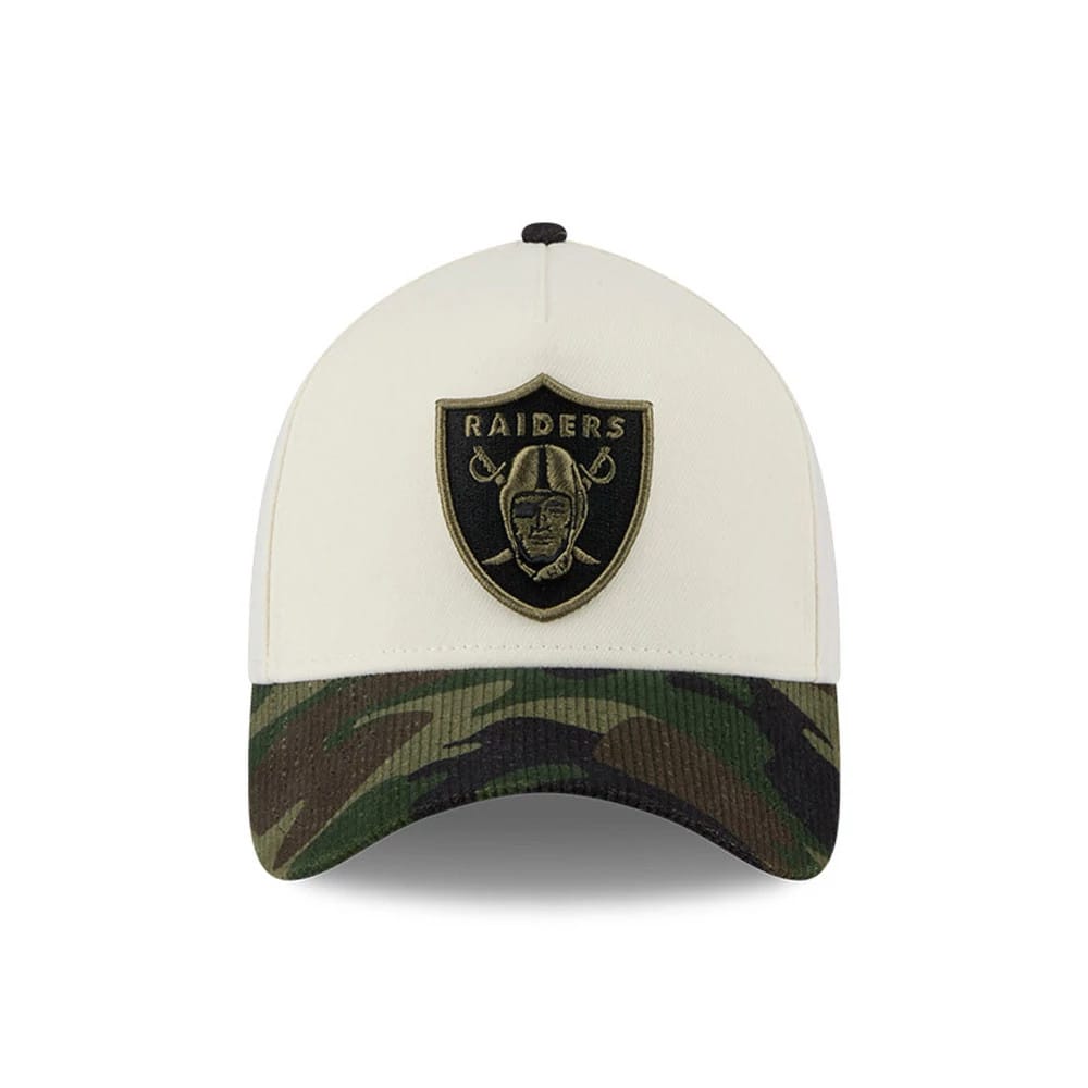 Pictured is this NFL Camo Visor Las Vegas Raiders 39THIRTY A-Frame Stretch Fit cap in white. 3