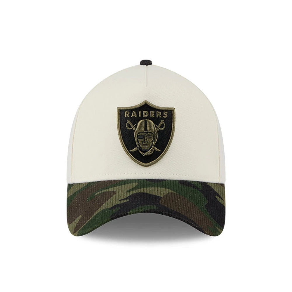 Las Vegas Raiders NFL Camo Visor Cream New Era 39THIRTY A-Frame Stretch Fit Cap, front view showing the black embroidered Raiders shield logo on the cream front panels with a camo-patterned curved visor.