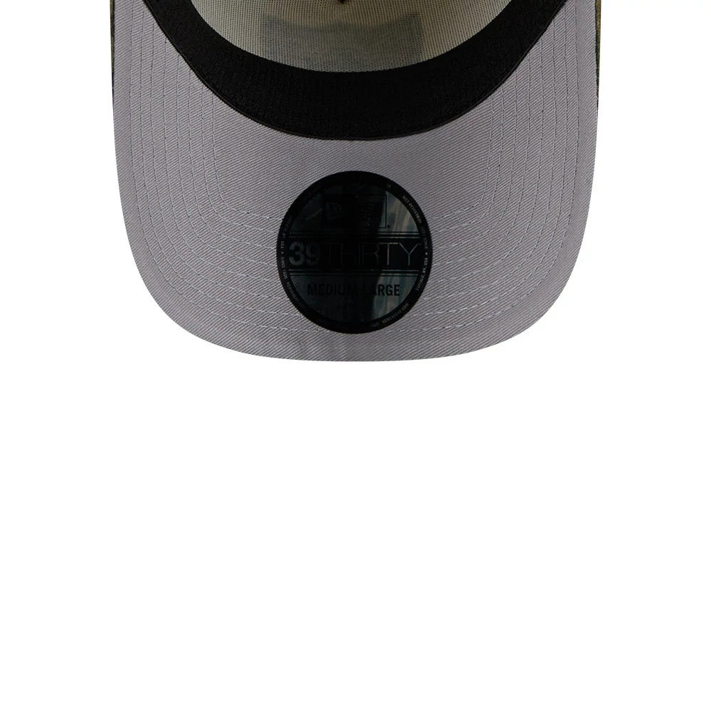 Pictured is this NFL Camo Visor Las Vegas Raiders 39THIRTY A-Frame Stretch Fit cap in white. 2