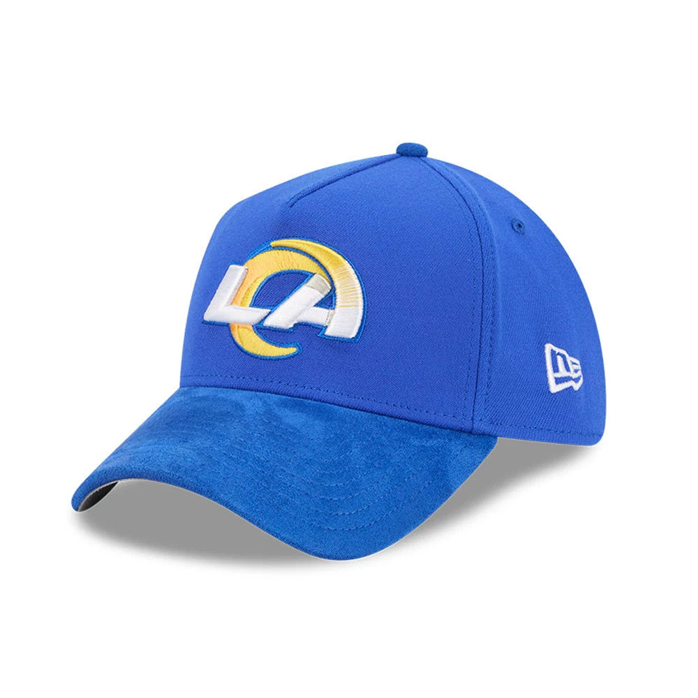 LA Rams NFL Suede Blue New Era 39THIRTY A-Frame Stretch Fit Cap, three-quarter view showing the white and yellow Rams logo in raised embroidery on the front panel, with a contrasting suede blue curved visor and New Era flag logo on the left side.