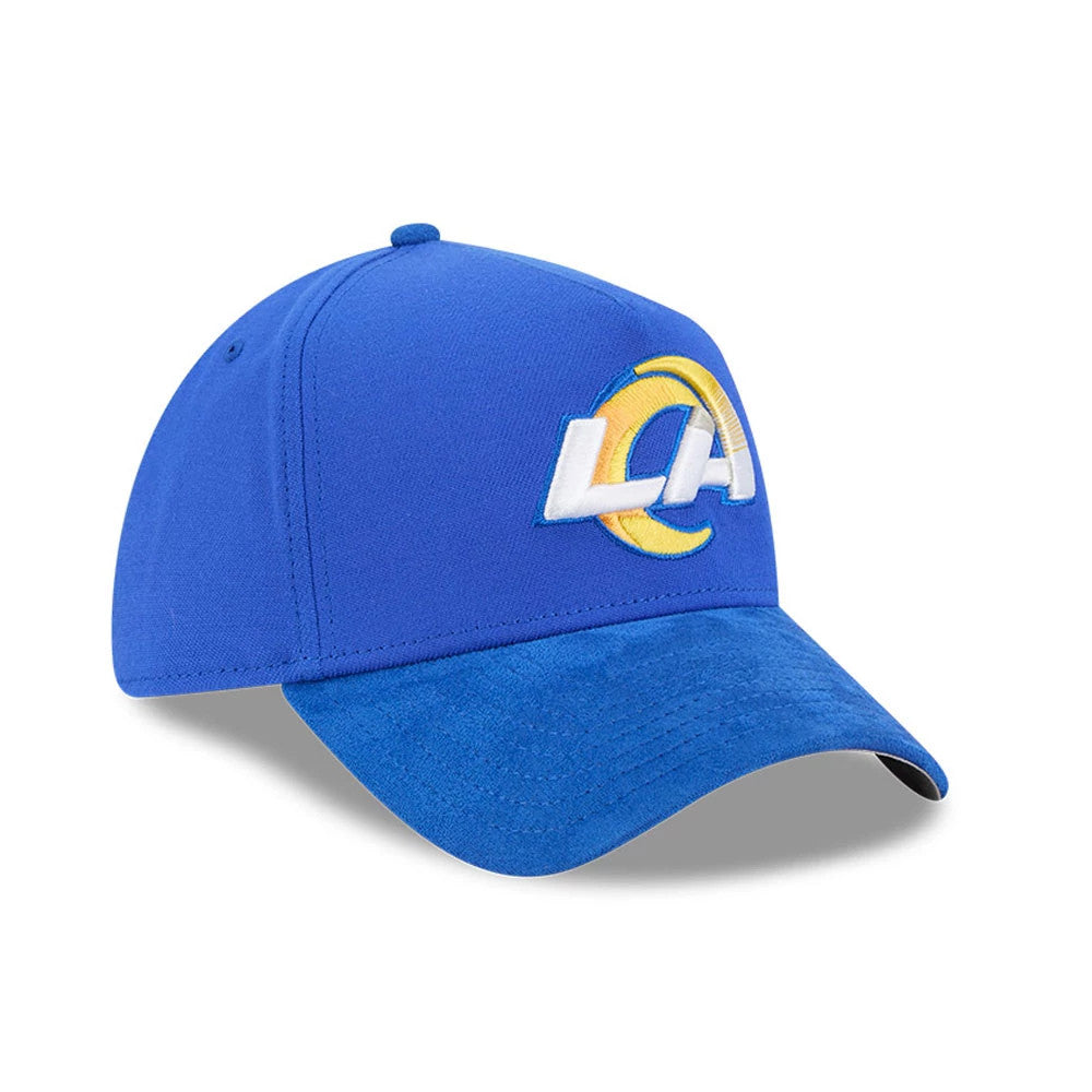 LA Rams NFL Suede Blue New Era 39THIRTY A-Frame Stretch Fit Cap, three-quarter view showing the white and yellow raised embroidered LA logo on the front panel, with a blue suede curved visor and eyelets on the crown.