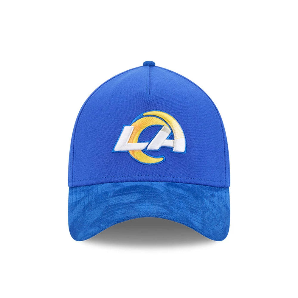 LA Rams NFL Suede Blue New Era 39THIRTY A-Frame Stretch Fit Cap, front view showing the raised embroidered LA Rams logo in white and gold on the structured blue crown with a patterned blue visor.