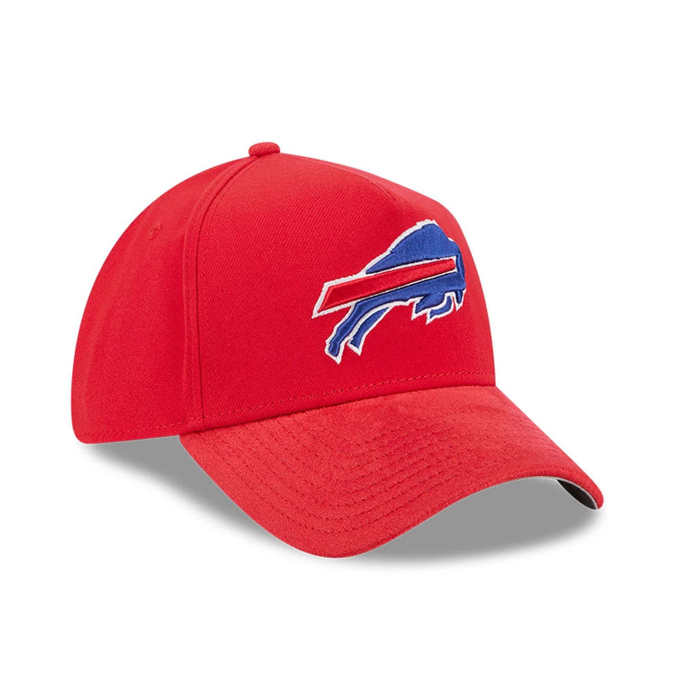 Buffalo Bills NFL Suede Red New Era 39THIRTY A-Frame Stretch Fit Cap, three-quarter view showing the blue and red Bills logo in raised embroidery on the front panel, with a red curved visor and black undervisor.