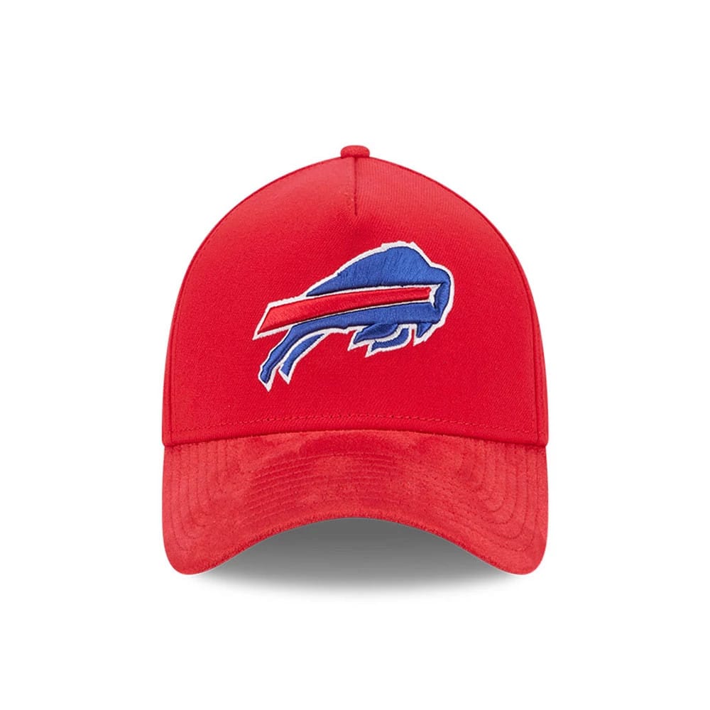 Buffalo Bills NFL Suede Red New Era 39THIRTY A-Frame Stretch Fit Cap, front view showing the raised embroidered blue and red Buffalo Bills logo on the centre front panel and a curved red suede visor.