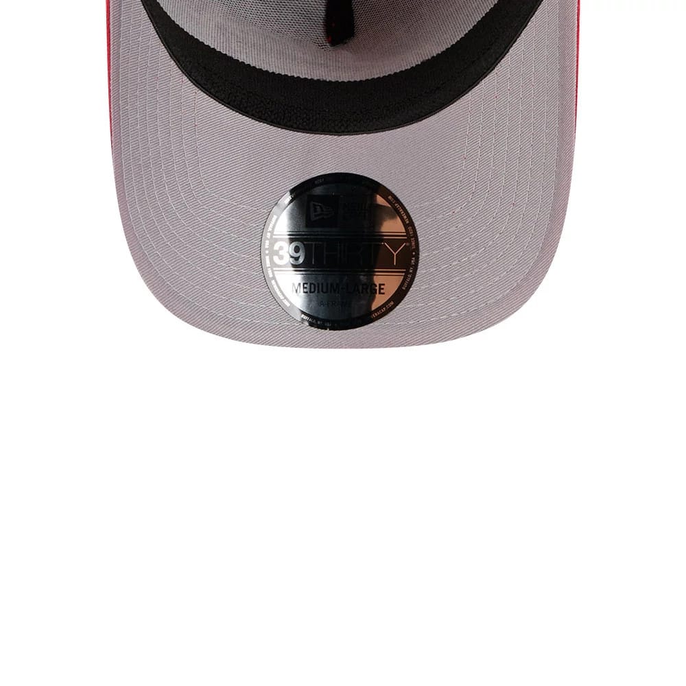 Buffalo Bills NFL Suede Red New Era 39THIRTY A-Frame Stretch Fit Cap, inside view showing a grey undervisor with a black sweatband and a grey 39THIRTY size sticker on the centre of the visor.