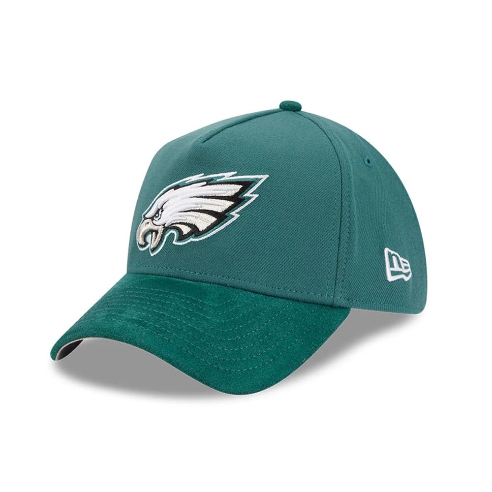 Philadelphia Eagles NFL Suede Dark Green New Era 39THIRTY A-Frame Stretch Fit Cap, three-quarter view showing the raised white Eagles logo embroidered on the front panel, with a curved green visor and the New Era flag logo in white on the left side.