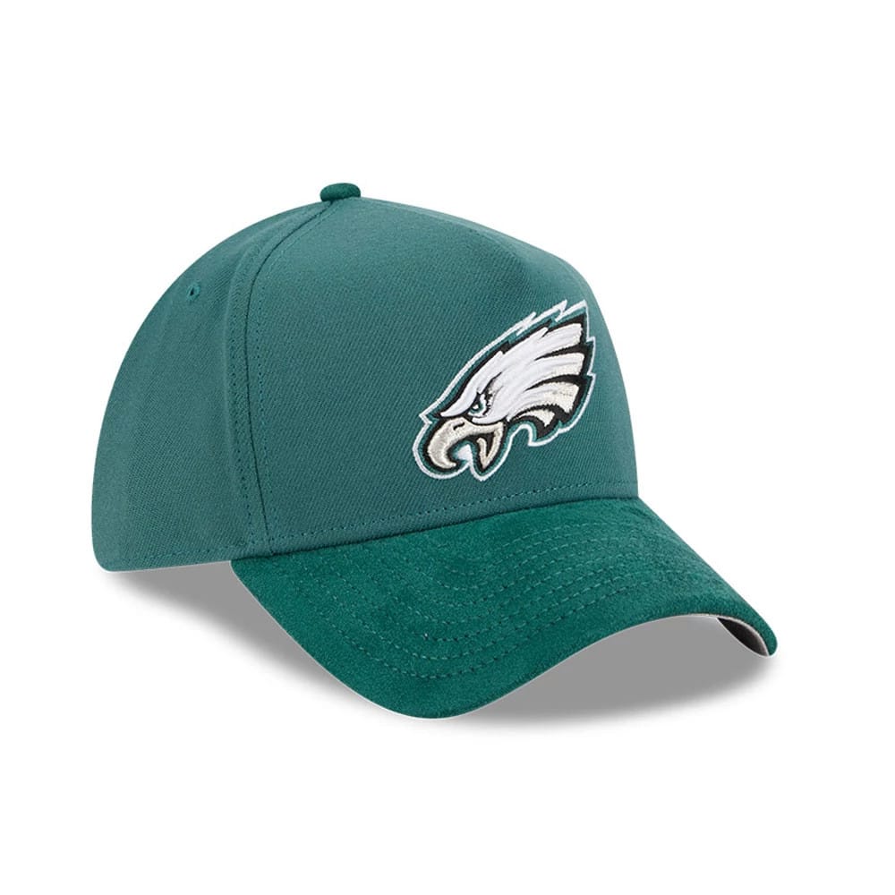 Philadelphia Eagles NFL Suede Dark Green New Era 39THIRTY A-Frame Stretch Fit Cap, three-quarter view showing a raised embroidered Eagles logo on the front panel, with a dark green curved suede visor and matching top button.