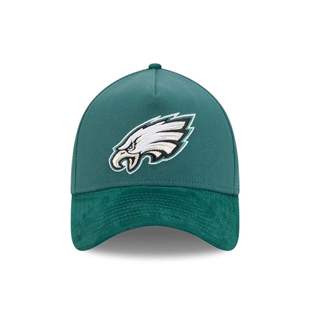 Philadelphia Eagles NFL Suede Dark Green New Era 39THIRTY A-Frame Stretch Fit Cap, front view showing the raised white and black embroidered Eagles logo on the front panel, with a suede dark green curved visor.