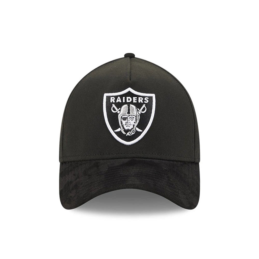 Las Vegas Raiders NFL Suede Black New Era 39THIRTY A-Frame Stretch Fit Cap, front view showing a white embroidered Raiders logo on the black front panel with a matching black suede visor.
