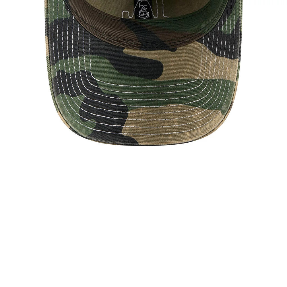 LA Dodgers MLB Washed Camo Open Green New Era 9TWENTY Adjustable Cap, inside view showing the green sweatband and camouflage printed undervisor with white stitching and a small embroidered A logo near the inner crown.