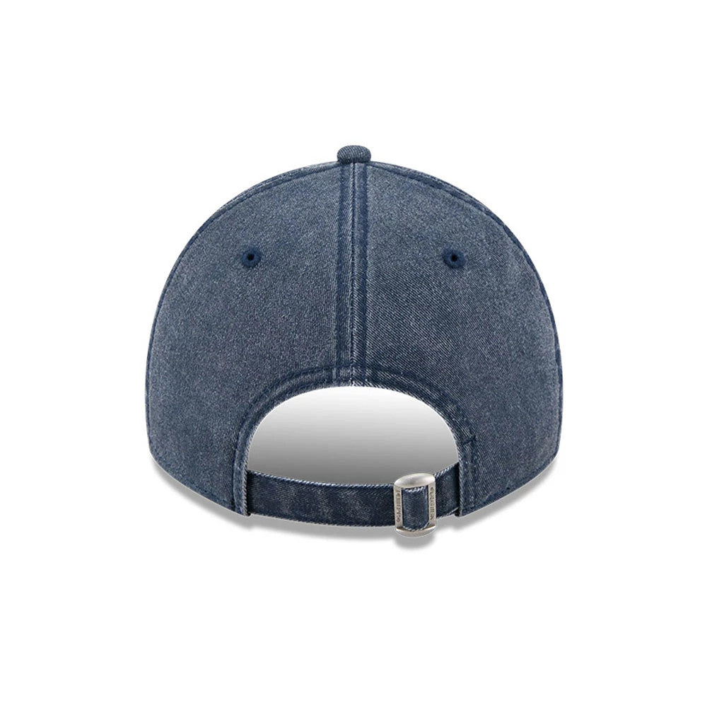 New York Yankees MLB Overwash Dark Blue New Era 9TWENTY Adjustable Cap, rear view showing the worn dark blue fabric with a buckle on the adjustable strap and no logos on the back panels.