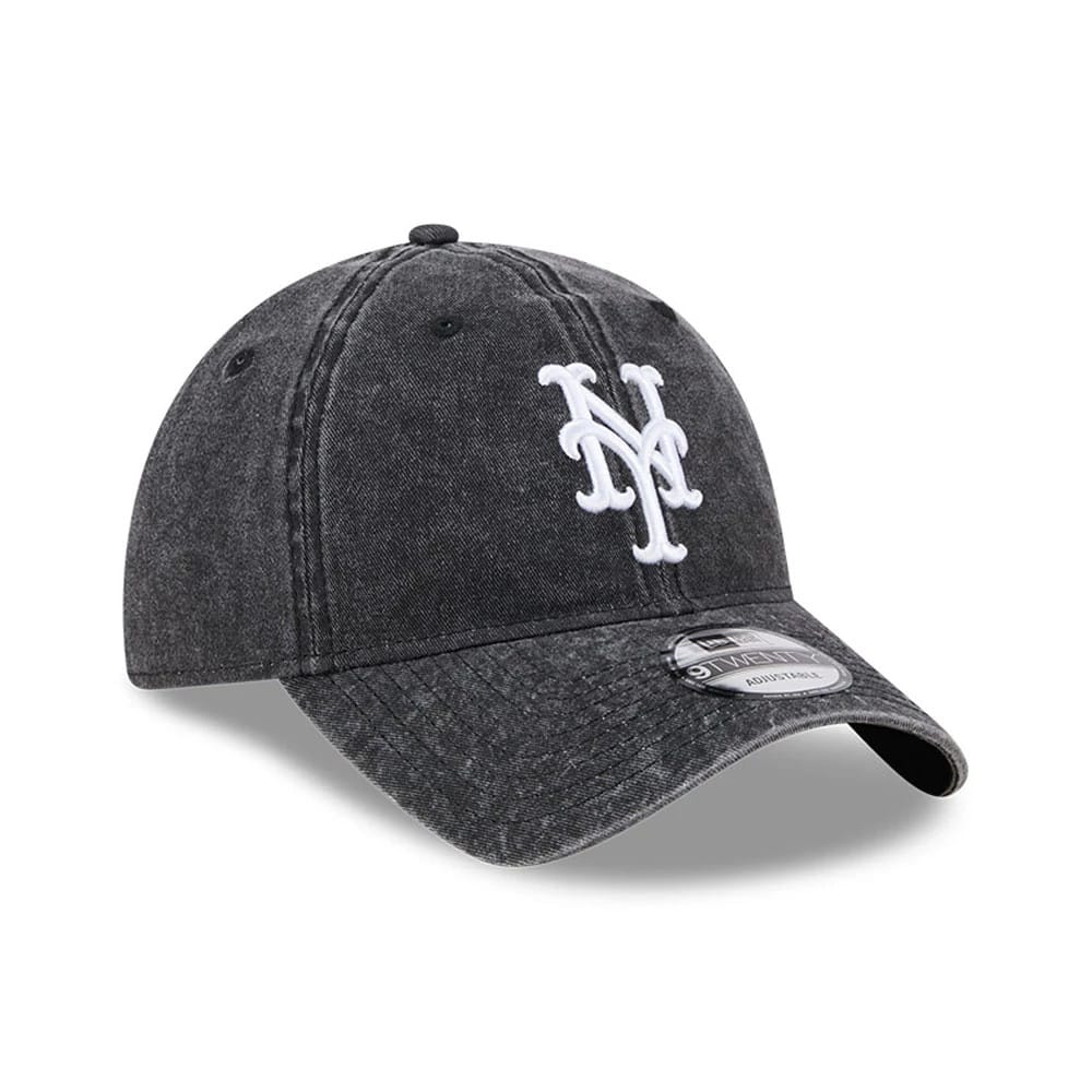 New York Mets MLB Overwash Black New Era 9TWENTY Adjustable Cap, front view showing the white embroidered NY logo on the washed black crown, with a curved visor and the 9TWENTY size sticker on the visor.