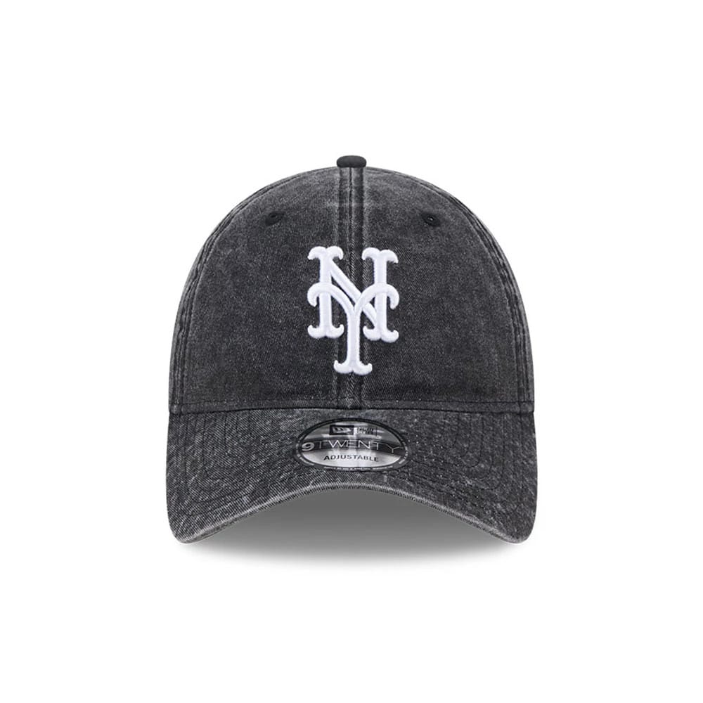 New York Mets MLB Overwash Black New Era 9TWENTY Adjustable Cap, front view showing a raised white NY logo on the worn black front panels, with a black curved visor and 9TWENTY size sticker.