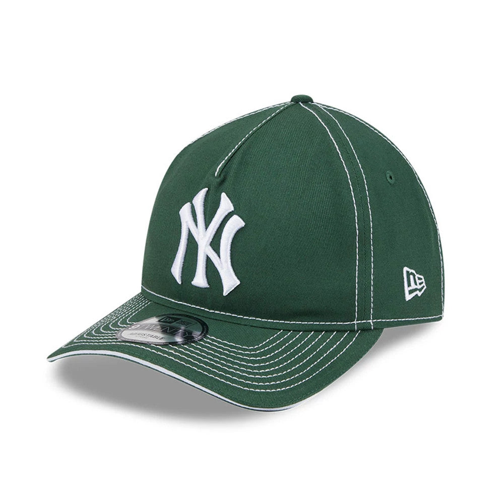 New York Yankees MLB Contrast Dark Green New Era 9TWENTY A-Frame Adjustable Cap, three-quarter view showing the raised white NY logo on the front panel, curved visor with contrast stitching, and New Era flag logo on the left side.