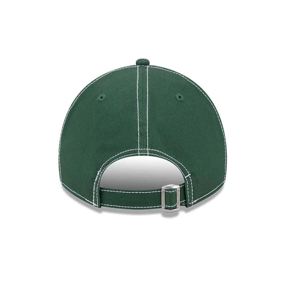 New York Yankees MLB Contrast Dark Green New Era 9TWENTY A-Frame Adjustable Cap, rear view showing the absence of a back logo on the dark green panels, with white stitching outlining the seams and an adjustable silver buckle closure.
