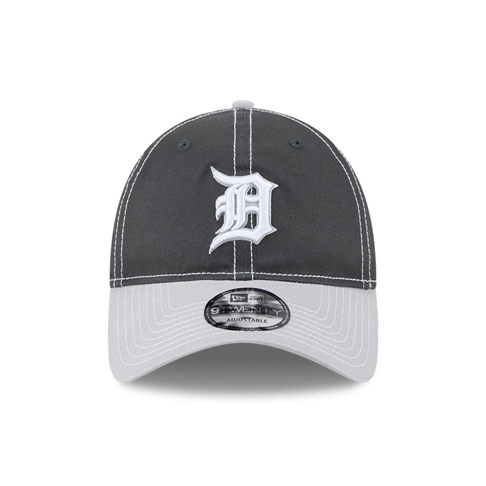 Detroit Tigers MLB 2Tone Charcoal New Era 9TWENTY Adjustable Cap, front view showing the white embroidered D logo on the structured charcoal crown, with a grey curved visor and 9TWENTY size sticker.