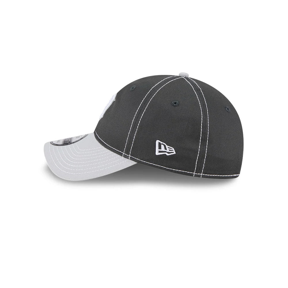 Detroit Tigers MLB 2Tone Charcoal New Era 9TWENTY Adjustable Cap, side view showing the white New Era flag logo on the left side and a contrasting light grey curved visor with stitching.