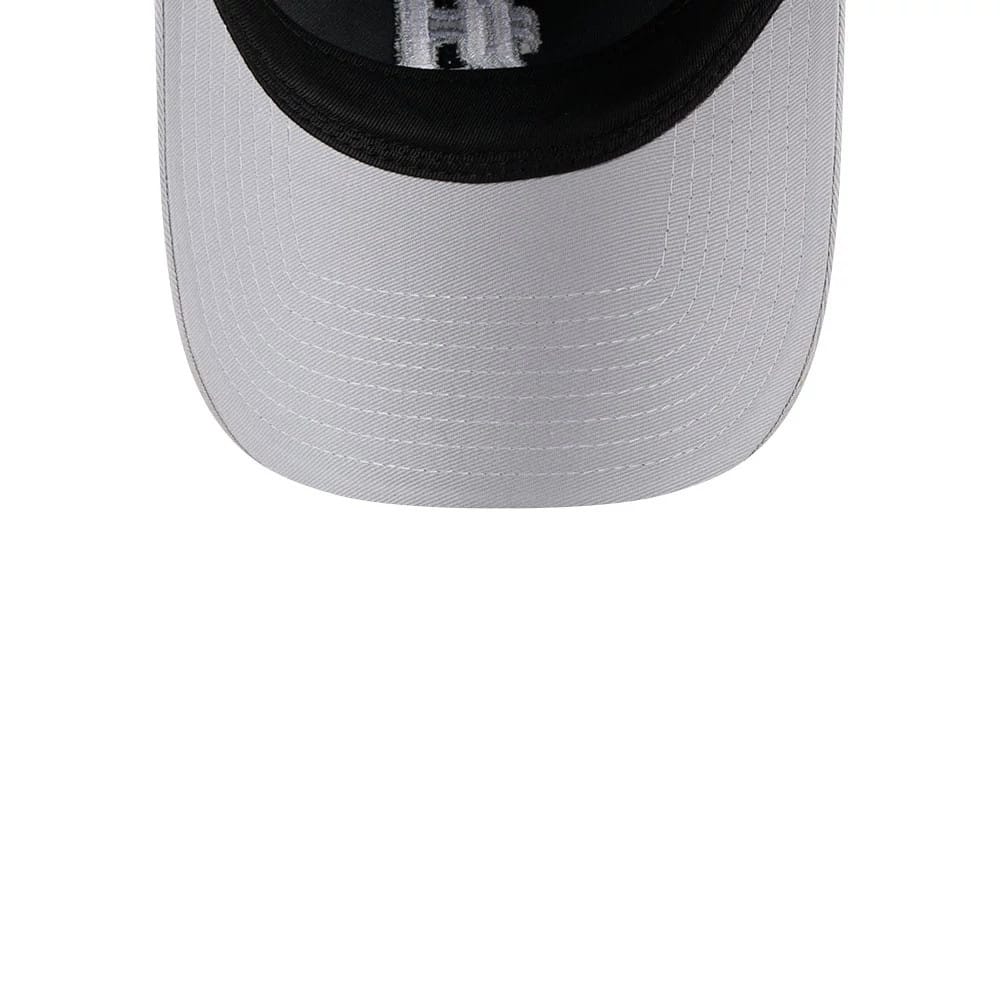 Detroit Tigers MLB 2Tone Charcoal New Era 9TWENTY Adjustable Cap, underside view showing the black sweatband and structured charcoal undervisor with the team logo partially through the fabric.