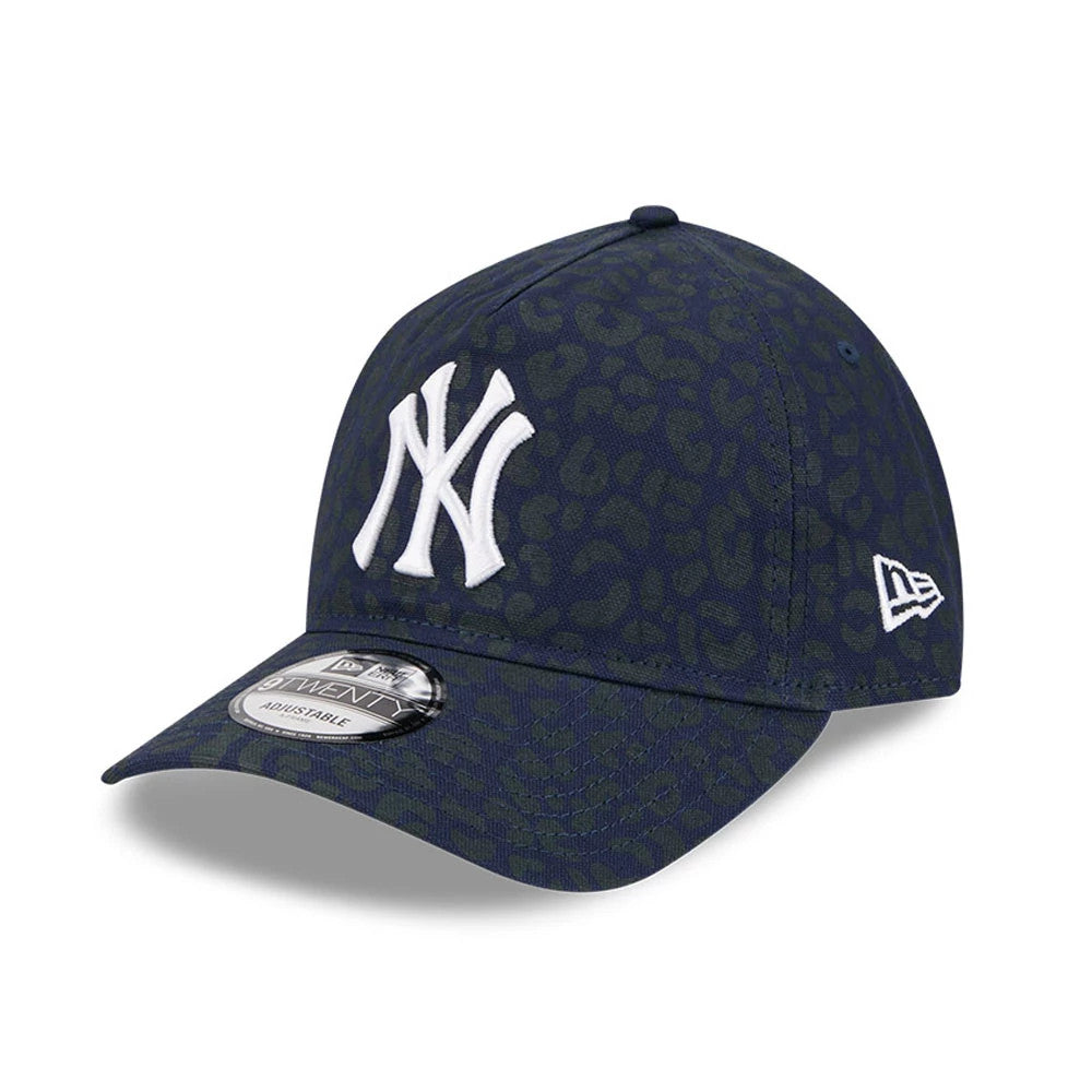 New York Yankees MLB Leopard Dark Blue New Era 9TWENTY A-Frame Adjustable Cap, front view showing the white embroidered NY logo on the dark blue leopard print crown, with a curved visor and 9TWENTY size sticker on the visor.