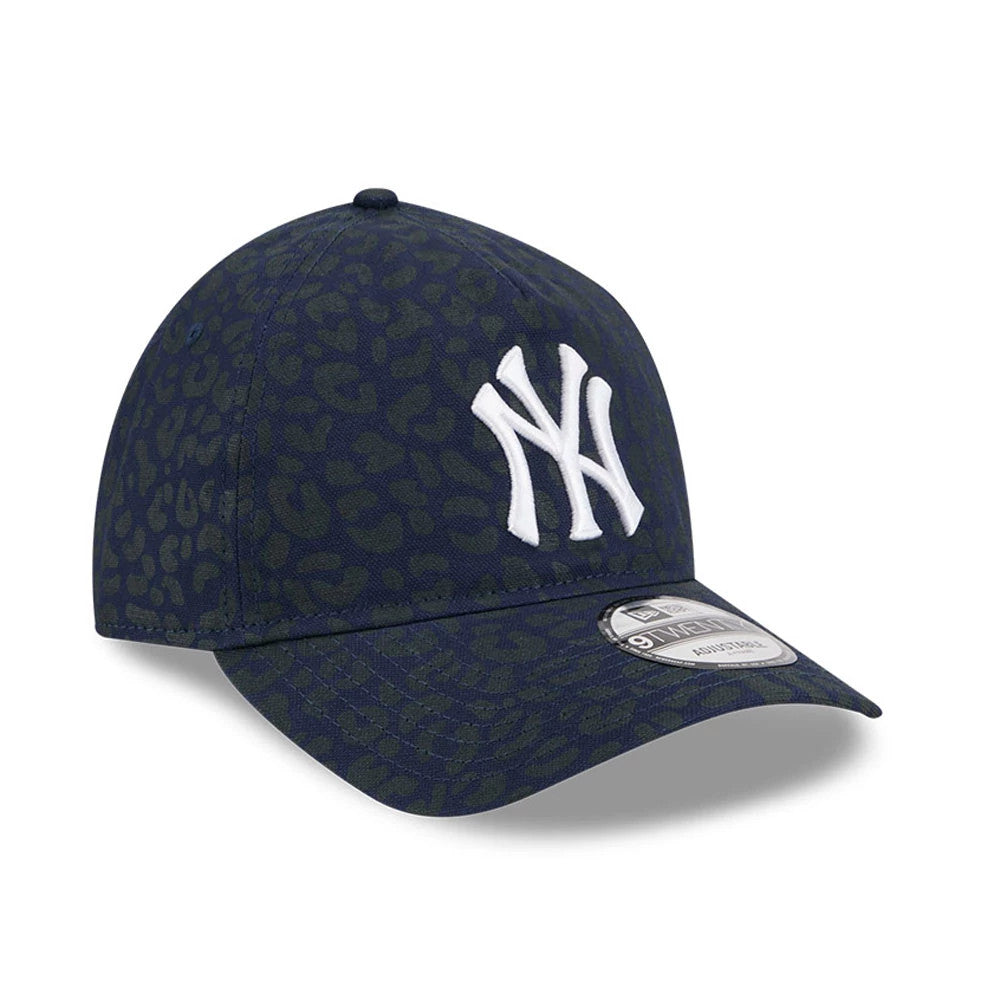 New York Yankees MLB Leopard Dark Blue New Era 9TWENTY A-Frame Adjustable Cap, three-quarter view showing the raised white NY logo on the dark blue leopard-print front panel and grey undervisor with 9TWENTY size sticker.