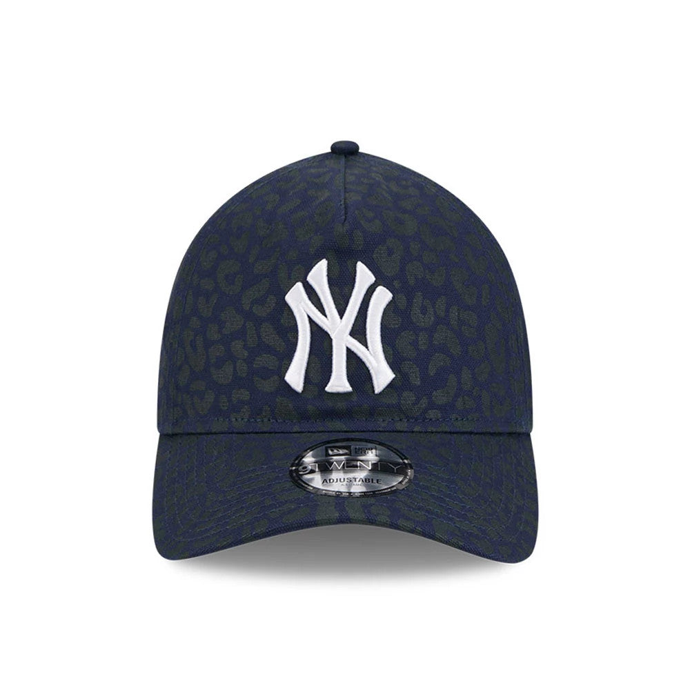 New York Yankees MLB Leopard Dark Blue New Era 9TWENTY A-Frame Adjustable Cap, front view showing a white embroidered NY logo on a dark blue leopard print crown with matching curved visor and 9TWENTY size sticker.
