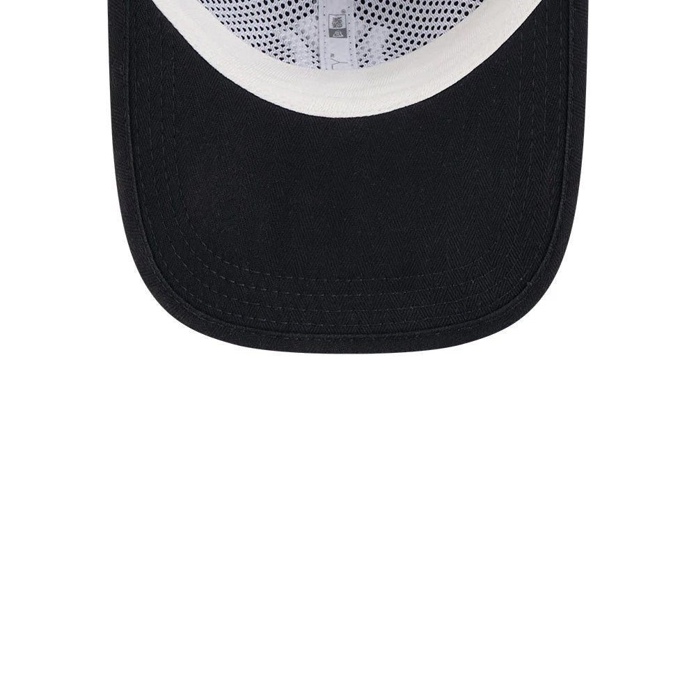 New York Yankees MLB Herringbone Navy New Era 9TWENTY Adjustable Cap, inside view showing the black undervisor, white inner sweatband, and black New Era taping with a pattern beneath the top panels.