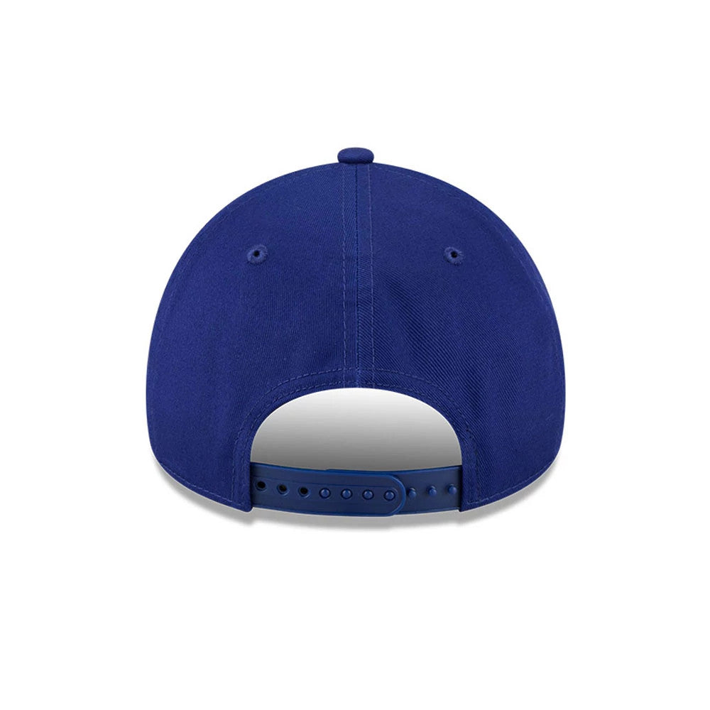 LA Dodgers MLB Barb Visor Dark Blue New Era 9FORTY A-Frame Adjustable Cap, rear view showing the dark blue snapback closure and matching eyelets set on the structured crown with a plain back panel.