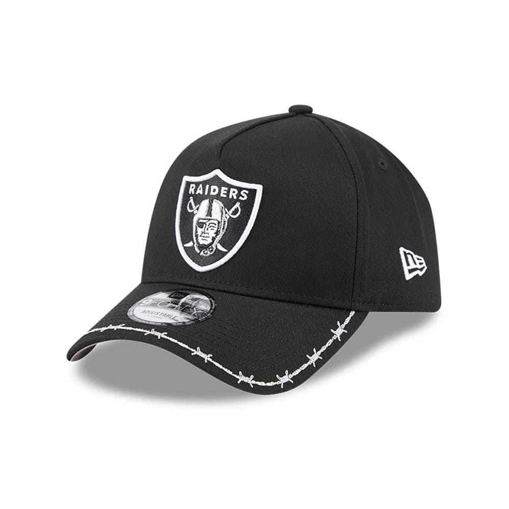 Pictured is this NFL Barb Visor Las Vegas Raiders 9FORTY A-Frame cap in black. 1