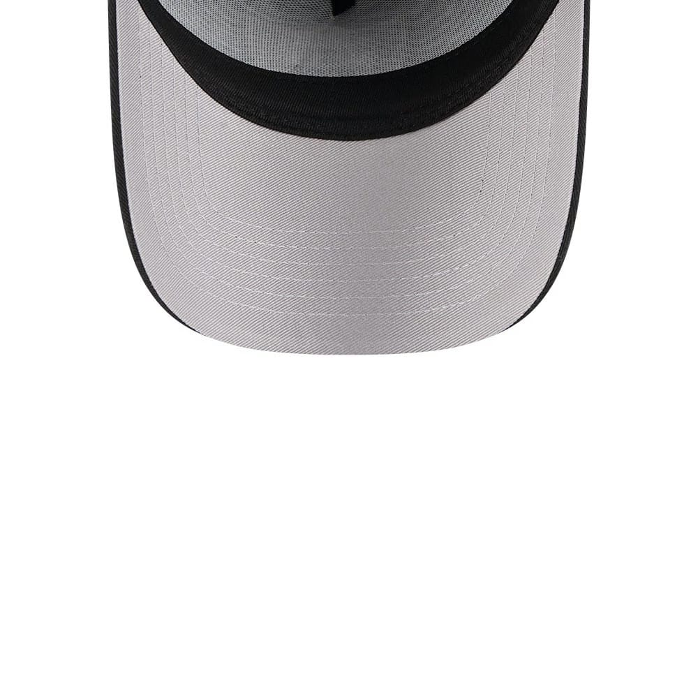 Las Vegas Raiders NFL Barb Visor Black New Era 9FORTY A-Frame Adjustable Cap, inside view showing the grey undervisor, structured black visor edge, and the inner black sweatband for comfort.