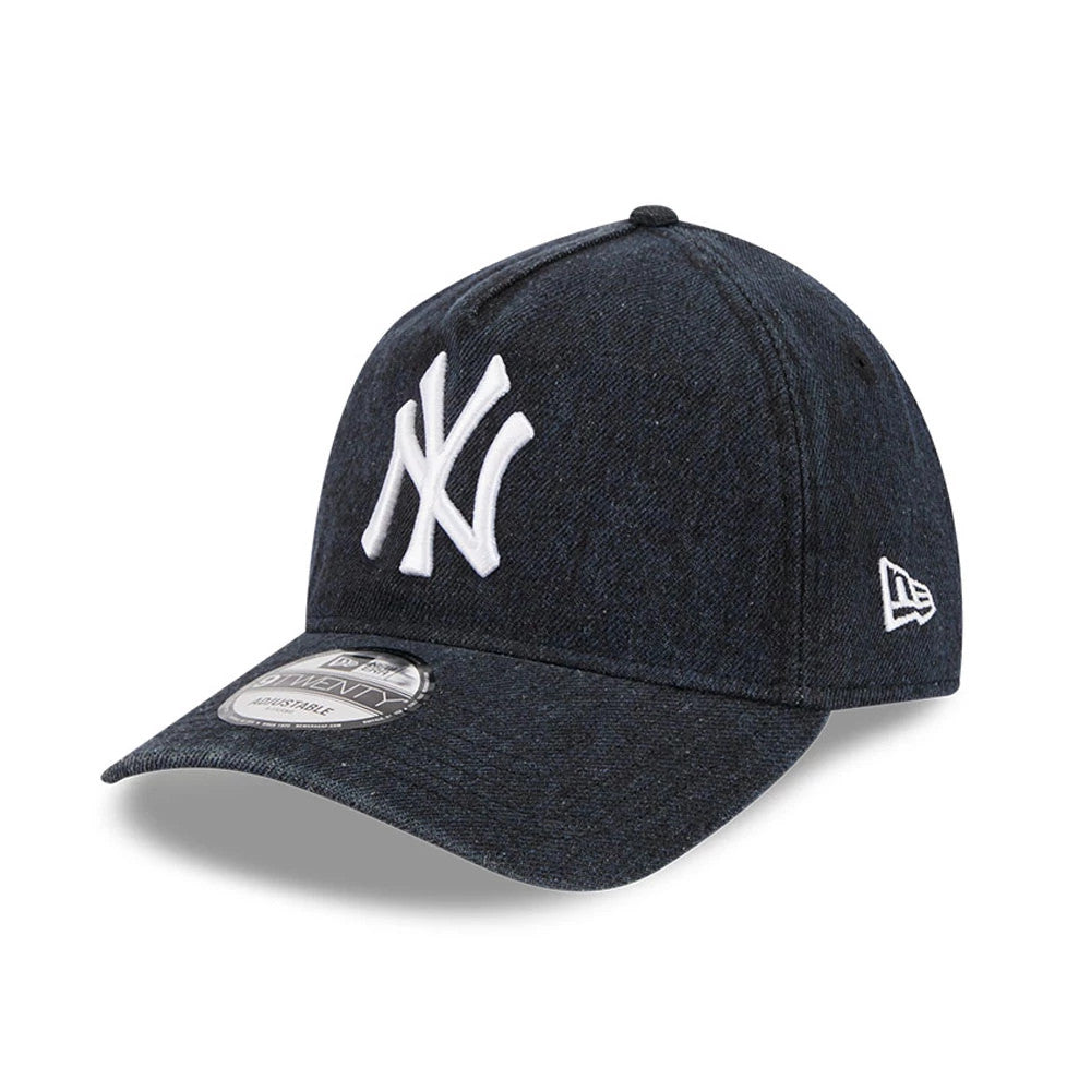 New York Yankees MLB Overwash Navy New Era 9TWENTY A-Frame Adjustable Cap, three-quarter view showing the white raised embroidered NY logo on the front panel, navy visor with a silver 9TWENTY size sticker, and New Era flag logo on the left side.