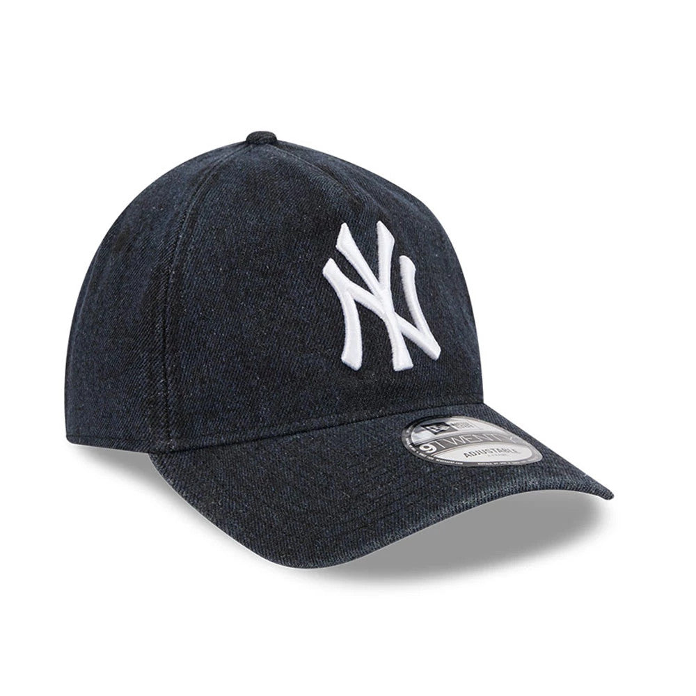 New York Yankees MLB Overwash Navy New Era 9TWENTY A-Frame Adjustable Cap, three-quarter view showing a white embroidered NY logo on the front panel and a curved navy visor with a 9TWENTY size sticker.