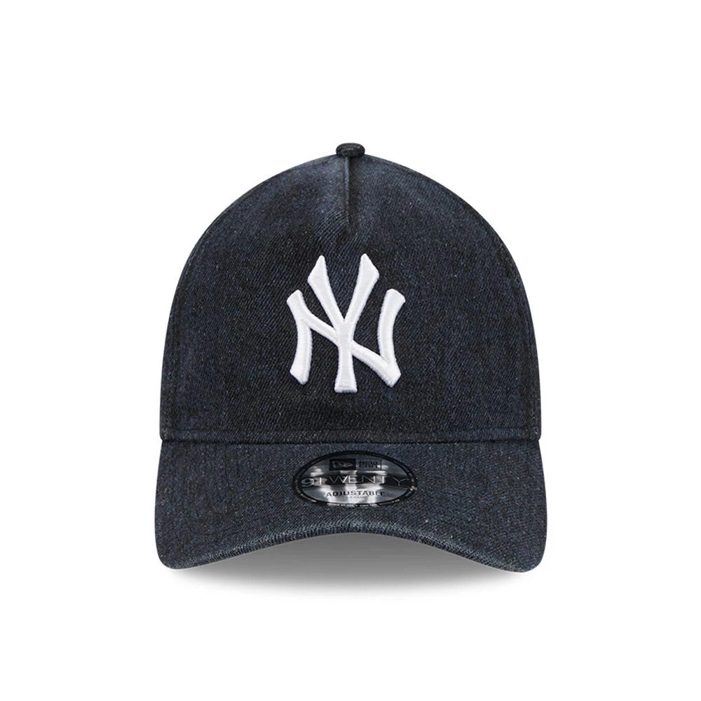 New York Yankees MLB Overwash Navy New Era 9TWENTY A-Frame Adjustable Cap, front view showing the white embroidered Yankees logo on the unstructured navy crown, with a curved visor and a 9TWENTY size sticker on the visor.