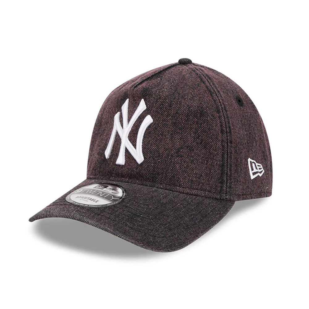 New York Yankees MLB Overwash Charcoal New Era 9TWENTY A-Frame Adjustable Cap, front view showing raised white NY embroidery on the front panel, black curved visor with a 9TWENTY size sticker, and the white New Era flag logo on the left side.