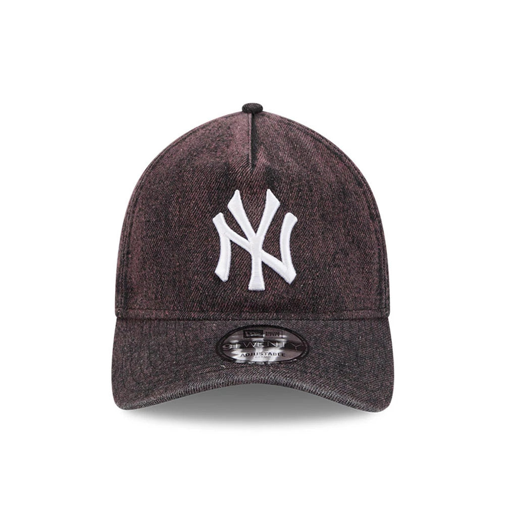 New York Yankees MLB Overwash Charcoal New Era 9TWENTY A-Frame Adjustable Cap, front view showing a raised white NY logo embroidered on the front panel with a charcoal overwash effect and a 9TWENTY size sticker on the curved visor.