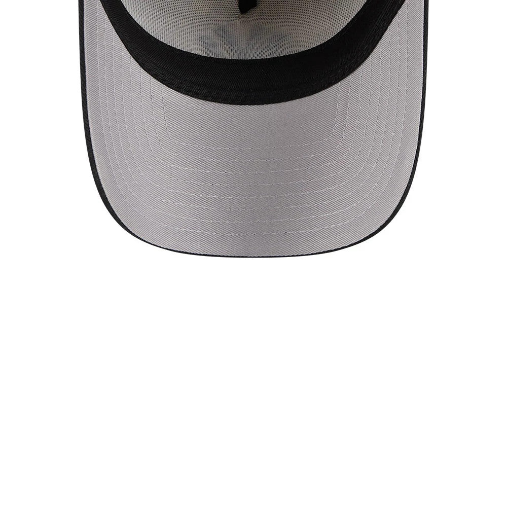New York Yankees MLB Desert 2 Tone Beige New Era 9FORTY A-Frame Adjustable Cap, inside view showing the grey undervisor, black sweatband and black taping, with a partially New Era logo on the edge of the visor.