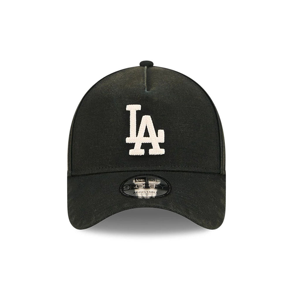 LA Dodgers MLB Washed Canvas Black New Era 9FORTY A-Frame Adjustable Cap, front view showing the white embroidered LA logo on the structured black crown with a curved visor and 9FORTY size sticker.
