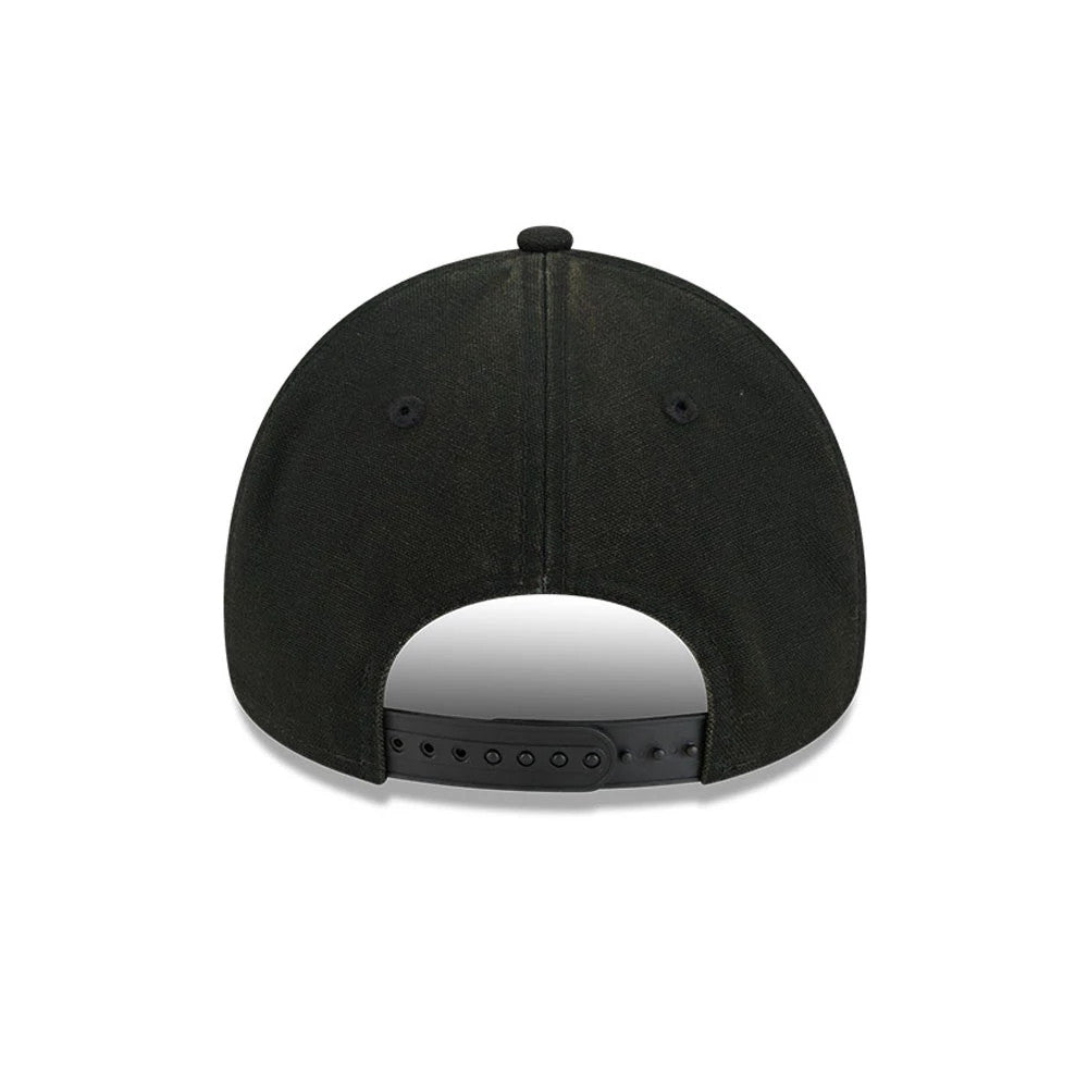 LA Dodgers MLB Washed Canvas Black New Era 9FORTY A-Frame Adjustable Cap, rear view showing the black adjustable strap and two embroidered black eyelets on the structured canvas crown.