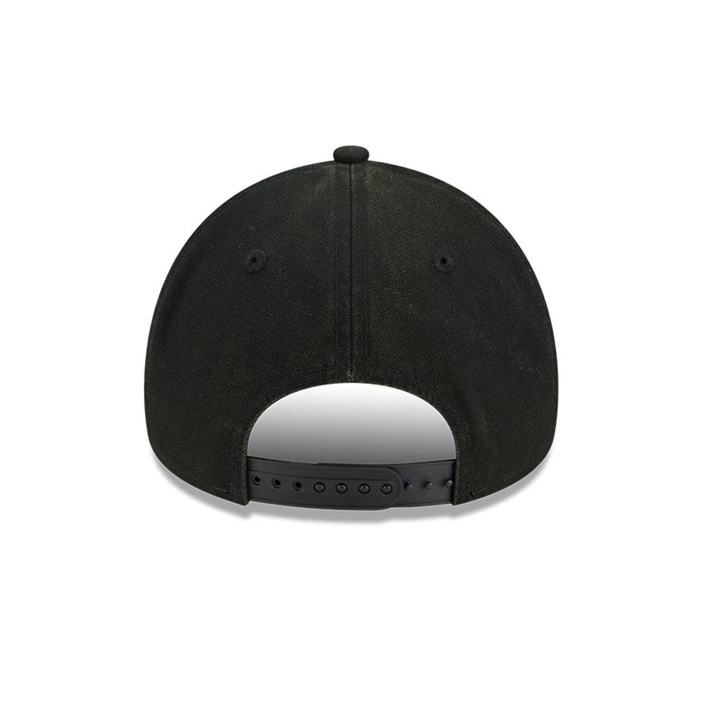 New York Yankees MLB Washed Canvas Black New Era 9FORTY A-Frame Adjustable Cap, rear view showing the black snapback closure and unadorned black canvas panels with eyelets centred along the structured crown.