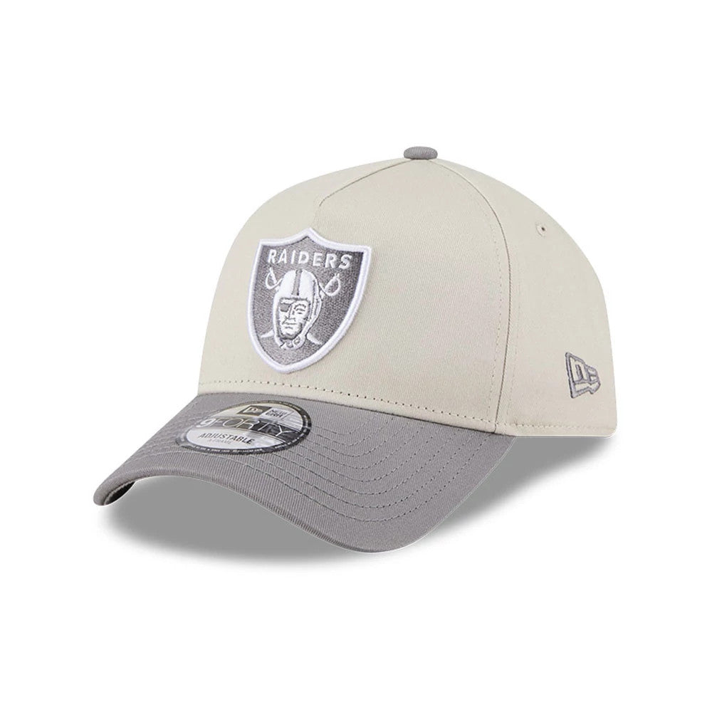 Pictured is this NFL Stone Storm Las Vegas Raiders 9FORTY A-Frame cap in light beige. 1