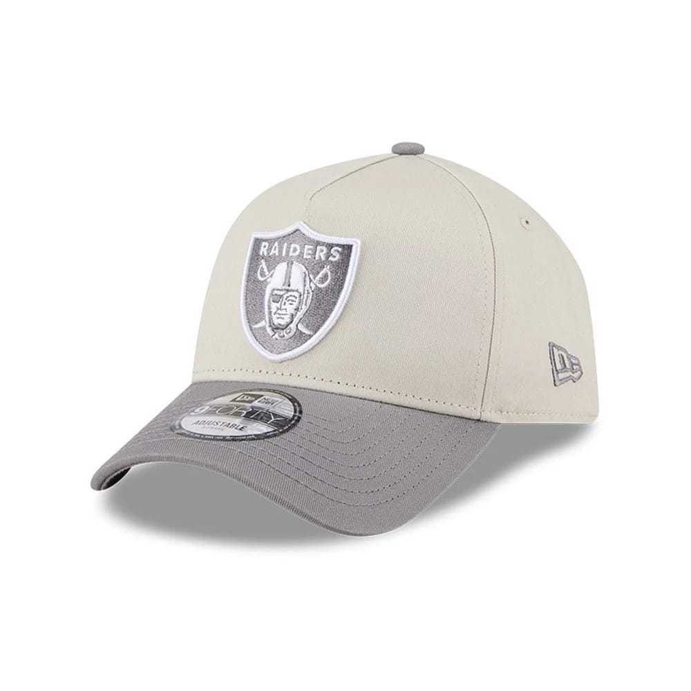 Pictured is this NFL Stone Storm Las Vegas Raiders 9FORTY A-Frame cap in light beige. 1