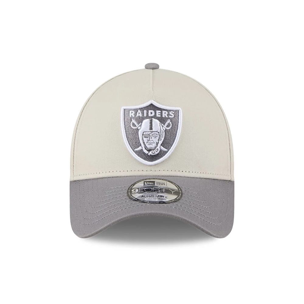 Pictured is this NFL Stone Storm Las Vegas Raiders 9FORTY A-Frame cap in light beige. 2