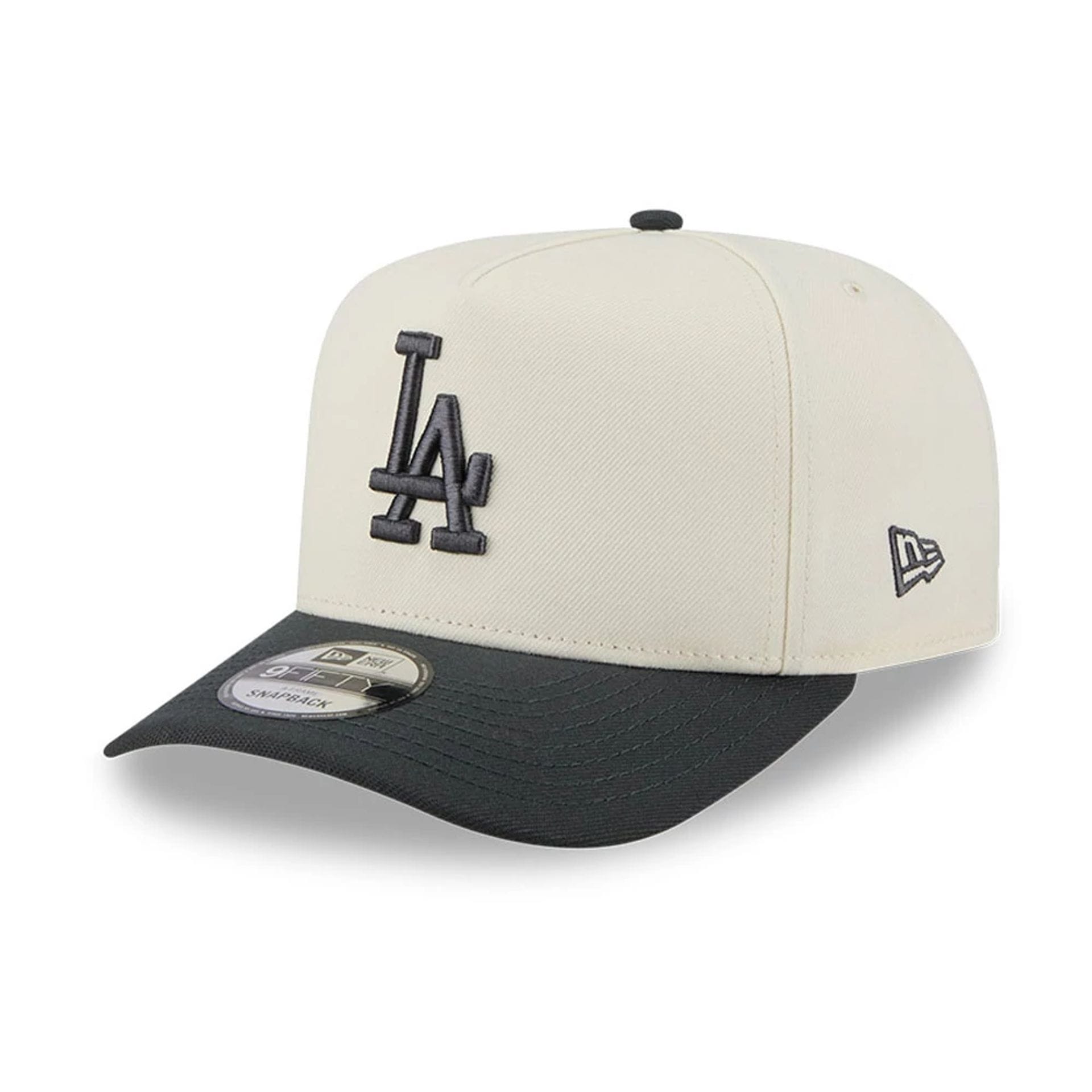 Pictured is this MLB Chrome LA Dodgers 9FIFTY A-Frame Snapback cap in cream. 1