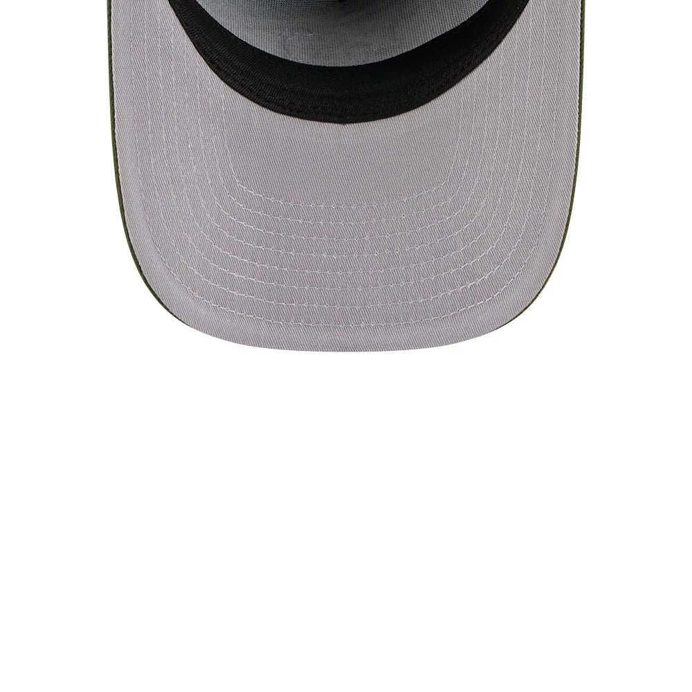 Chiefs NFL Rifle Green New Era 9FIFTY A-Frame Snapback Adjustable Cap, underside view showing the light grey undervisor and black sweatband, with detailed stitching around the curved edge of the visor.