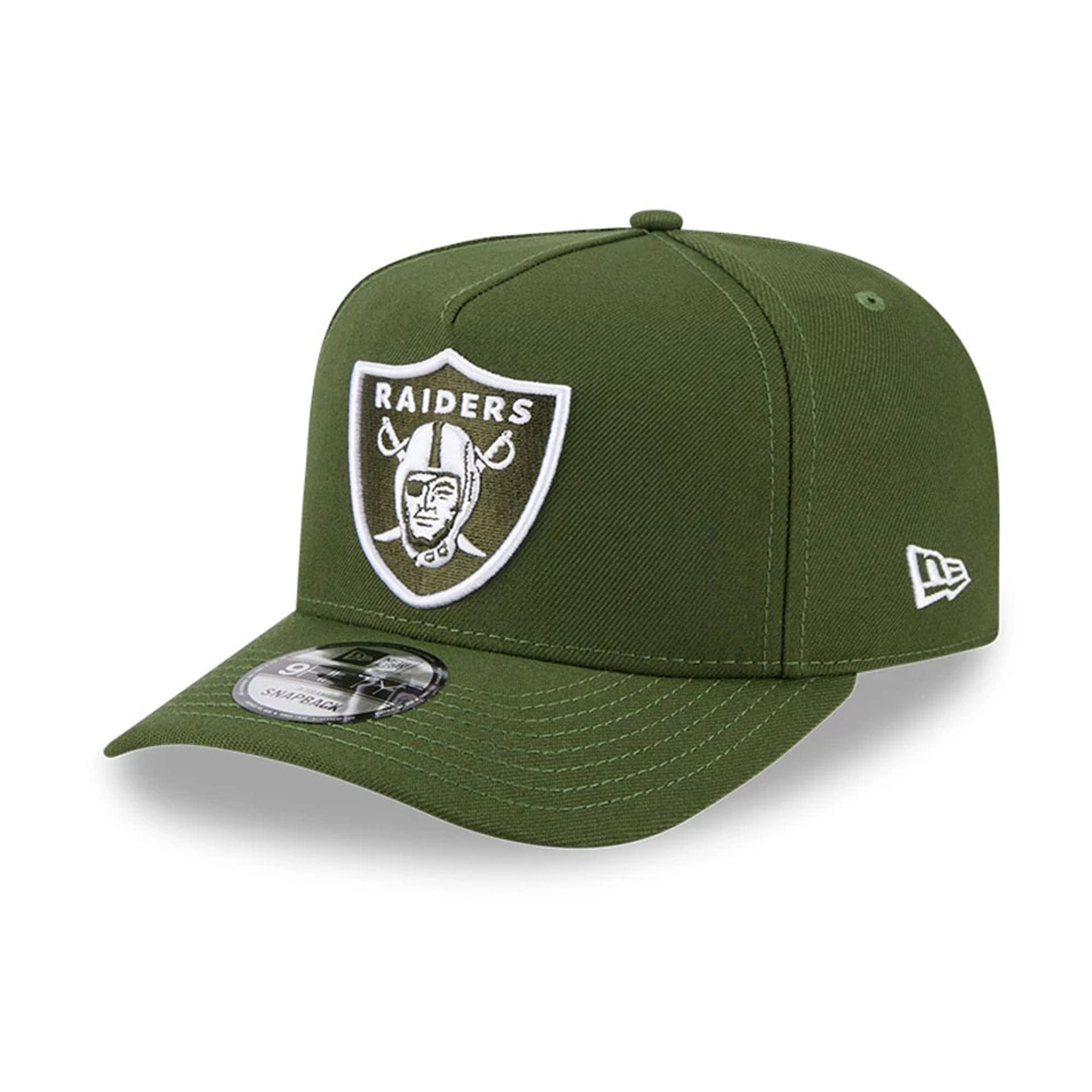 Pictured is this NFL Rifle Green Las Vegas Raiders 9FIFTY A-Frame Snapback cap in dark green. 1