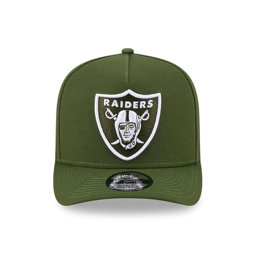 Pictured is this NFL Rifle Green Las Vegas Raiders 9FIFTY A-Frame Snapback cap in dark green. 3