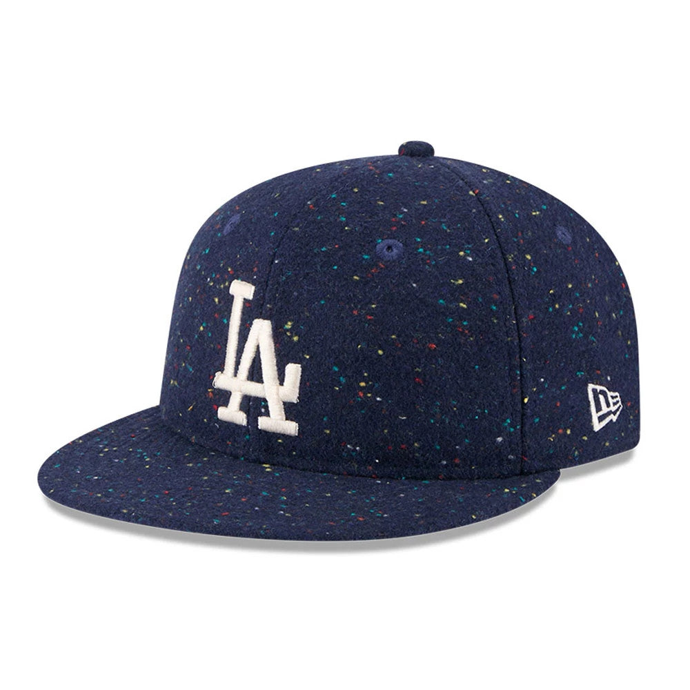 LA Dodgers MLB Speckled Wool Open Blue Retro Crown New Era 9FIFTY Adjustable Cap, three-quarter view showing the white embroidered LA logo on the front panel, multicoloured speckled wool fabric, flat visor and New Era flag logo on the left side.