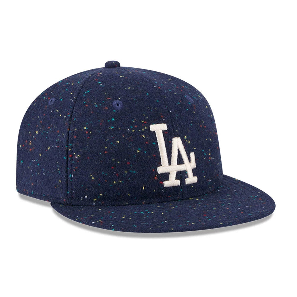 LA Dodgers MLB Speckled Wool Open Blue Retro Crown New Era 9FIFTY Adjustable Cap, front view showing a white embroidered LA logo on the speckled blue crown, with a flat blue visor and multi-coloured speckling throughout.
